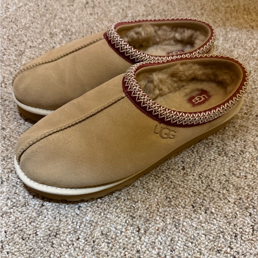 UGG Tan Suede Slippers with Red Trim